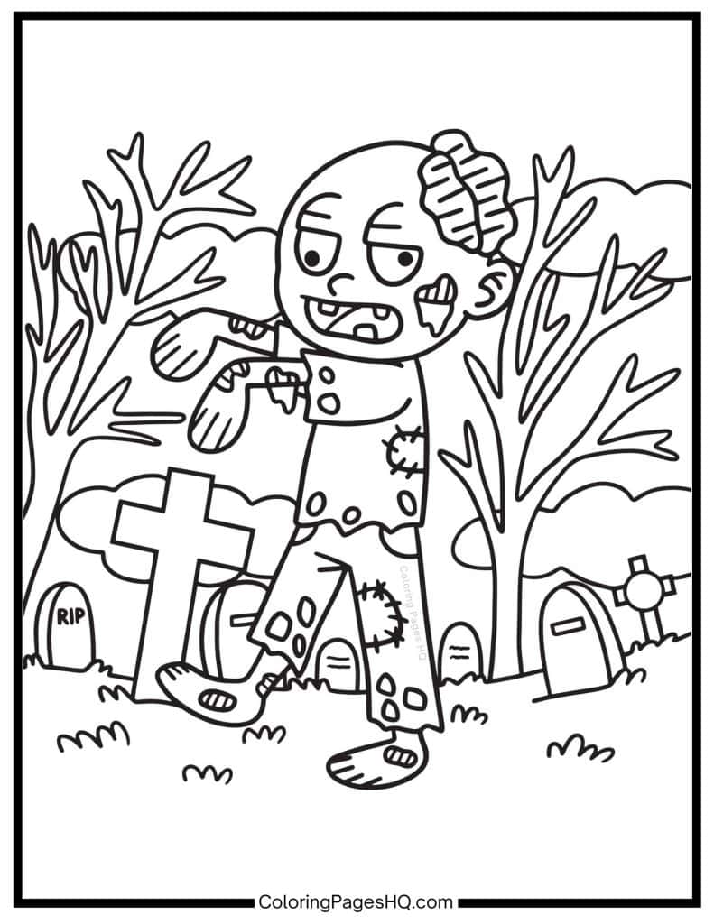 Zombie walking in a cemetery sheet to color