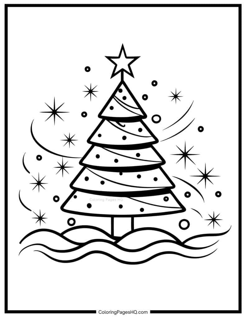 Christmas tree surrounded with sparkles coloring page