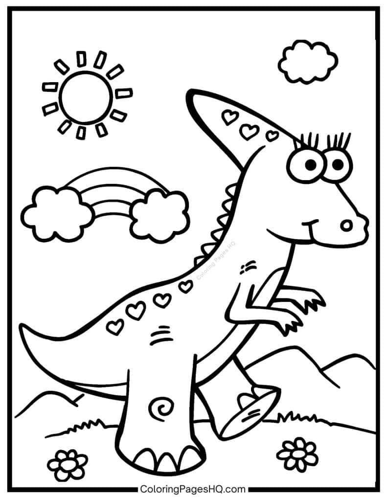 Cute walking dinosaur with long eyelashes sheet to color