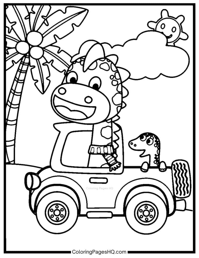 Dinosaur driving a truck coloring page