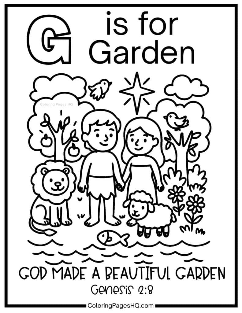 G is for Garden bible alphabet coloring page