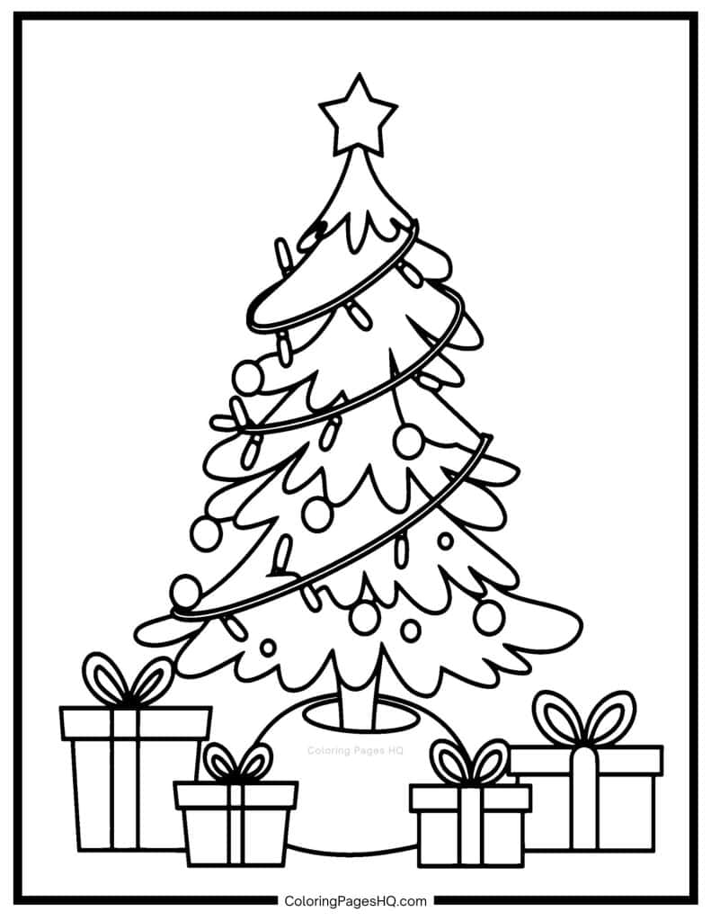 Gifts surrounding a Christas tree coloring page