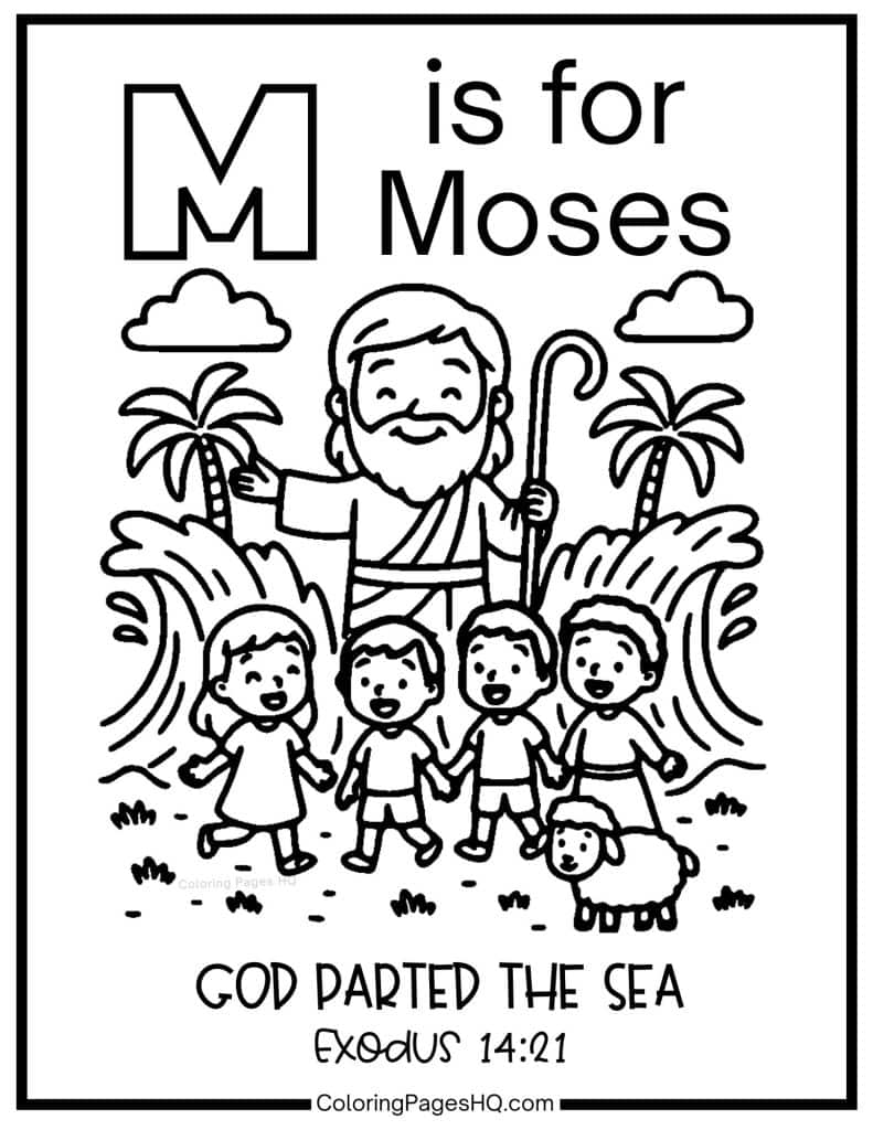 M is for Moses bible alphabet coloring sheet