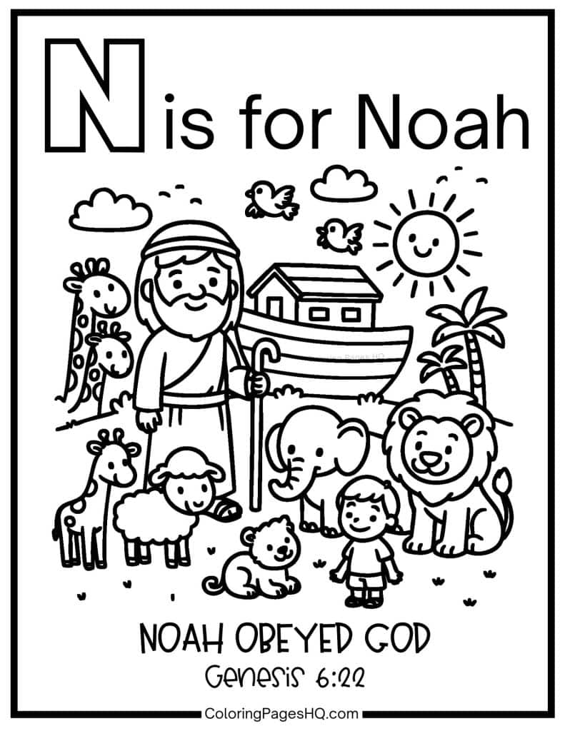 N is for Noah bible alphabet coloring page