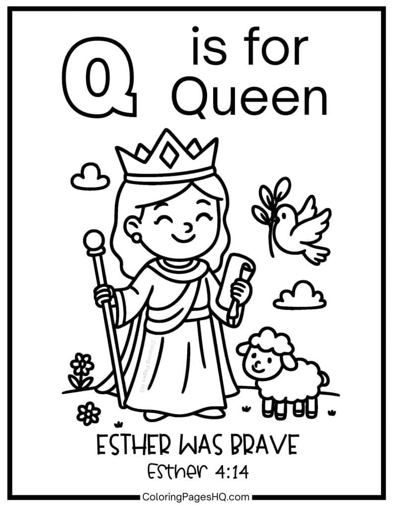 Q is for Queen bible alphabet sheet to color