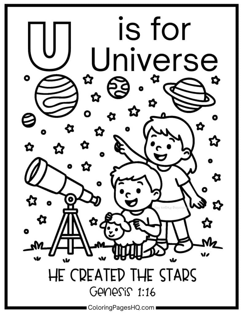 U is for Universe bible alphabet coloring page