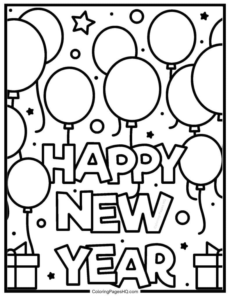 Balloons surrounding Happy New Year coloring sheet