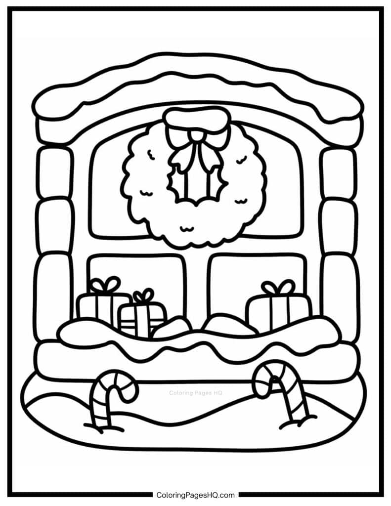 Christmas wreath hanging on a door page to color