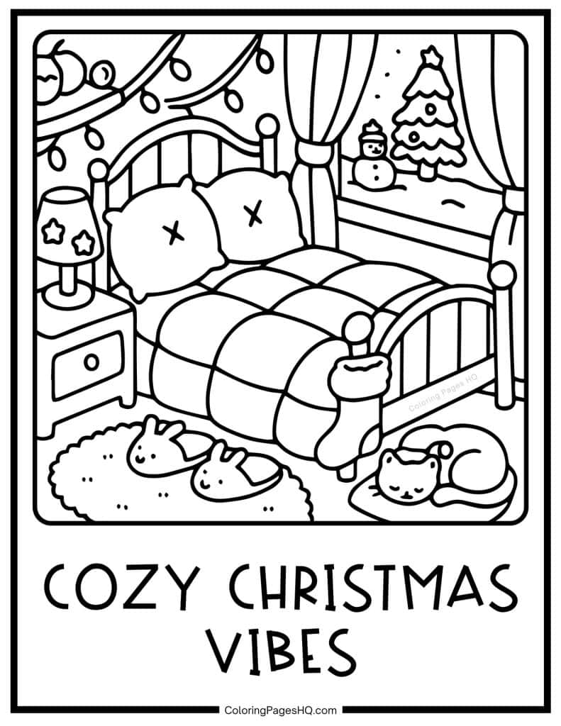 Cozy bedroom at Christmas coloring sheet