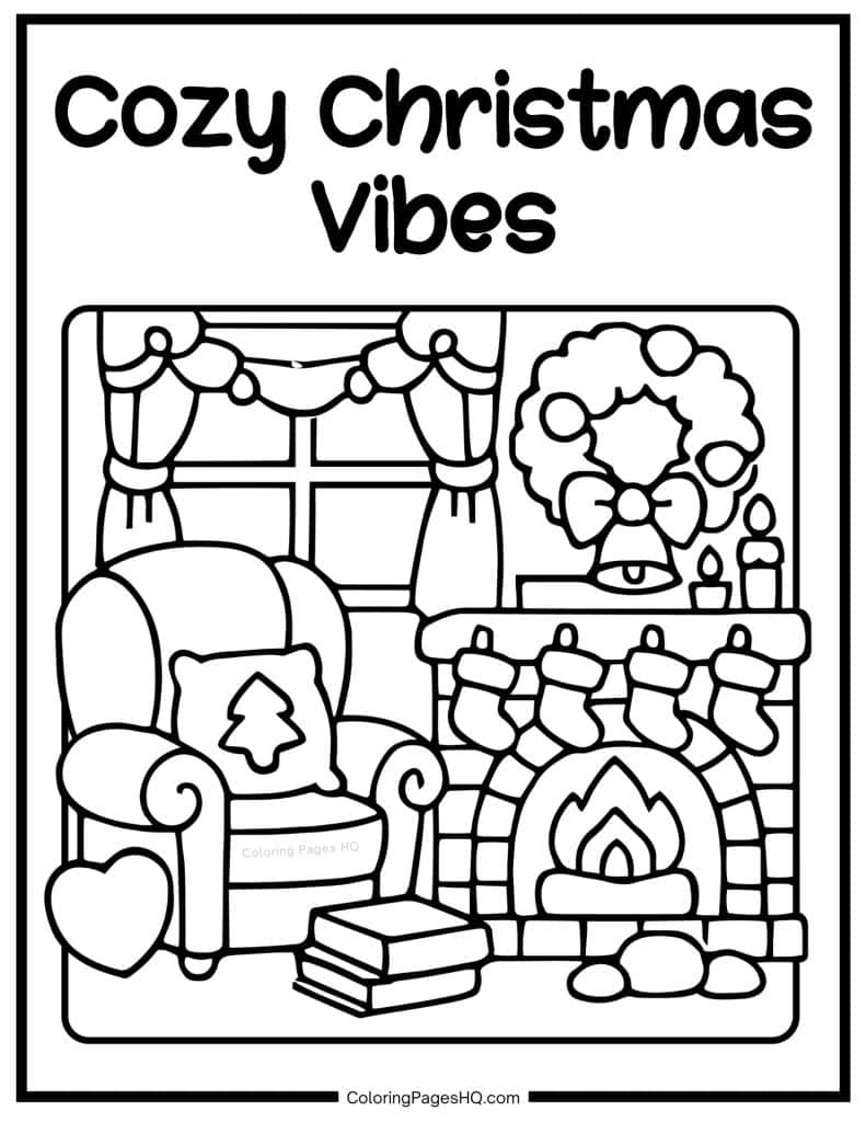Cozy fireplace at Christmas coloring page