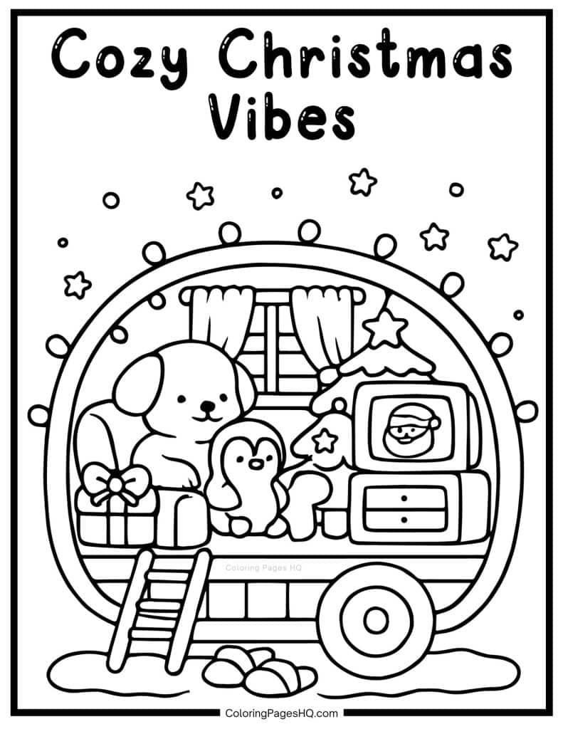 Cozy puppy in a travel trailer coloring page