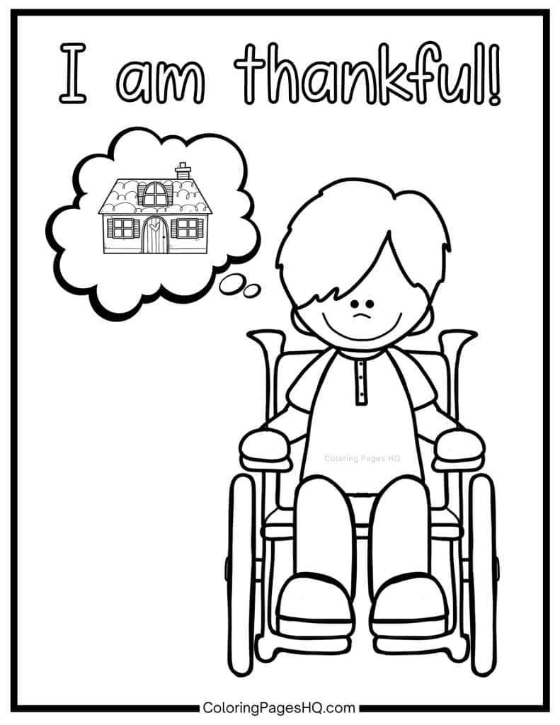 Cute boy sitting in a wheelchair I am thankful coloring page