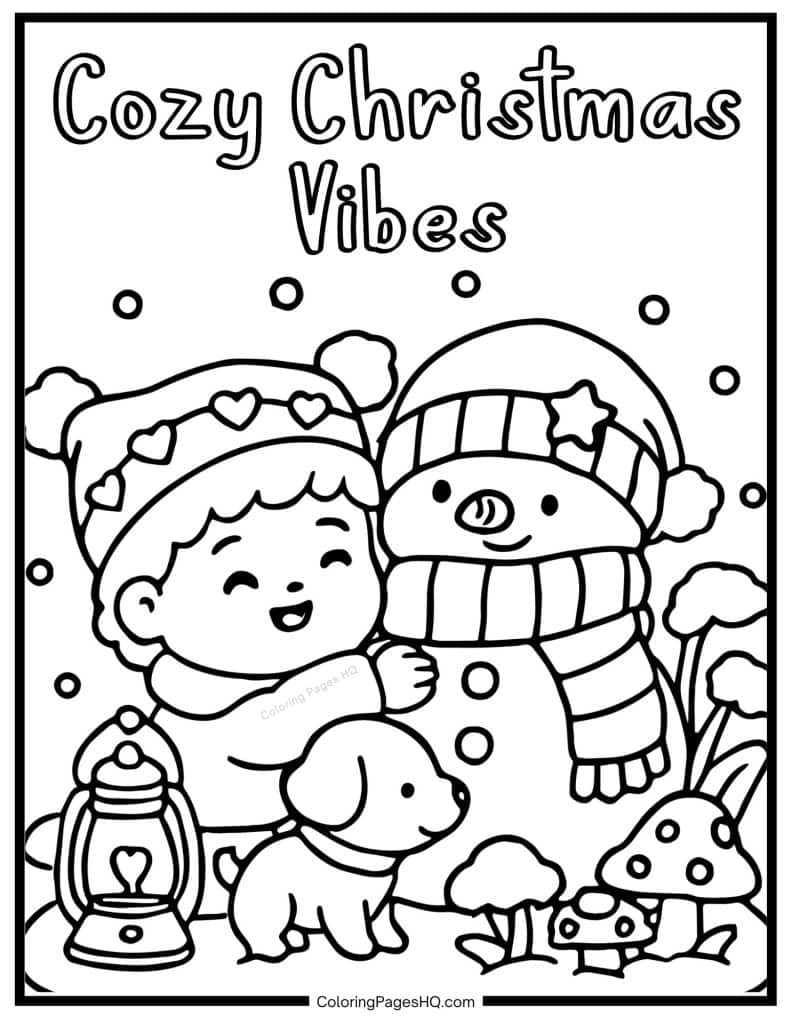 Cute child hugging a snowman coloring page