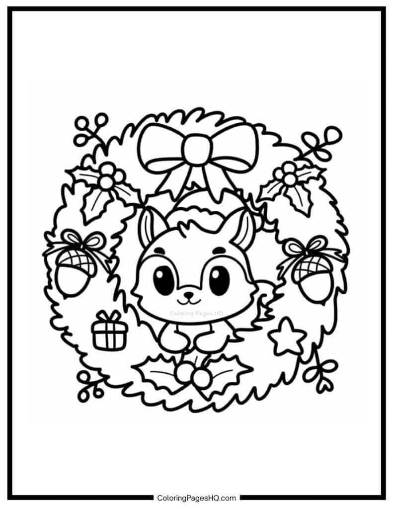 Cute chipmunk peeking through a Christmas wreath coloring page
