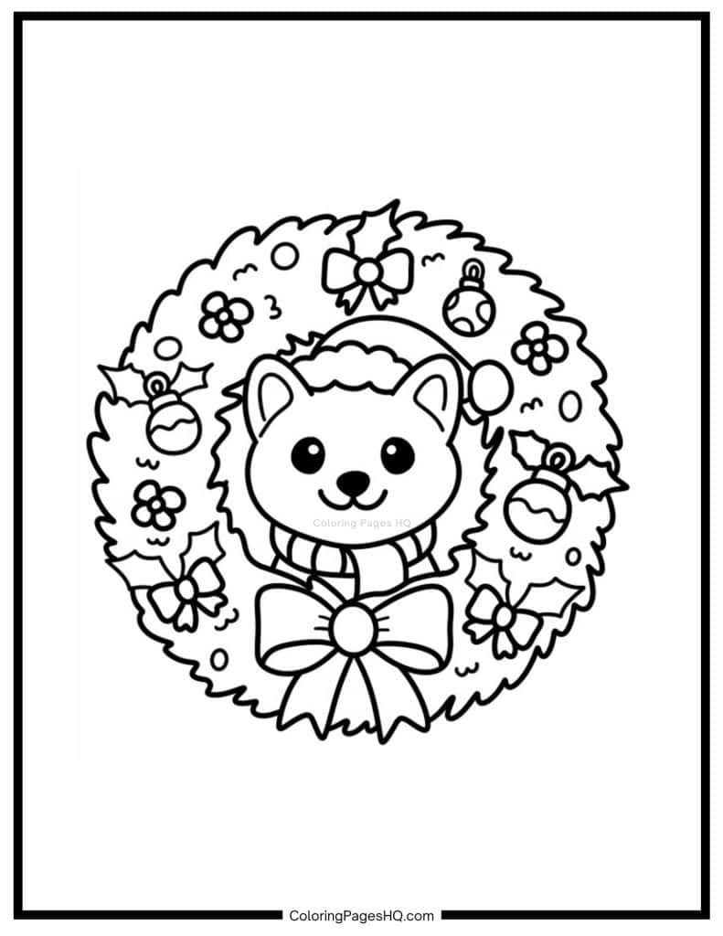 Cute fox peeking through a Christmas wreath coloring page