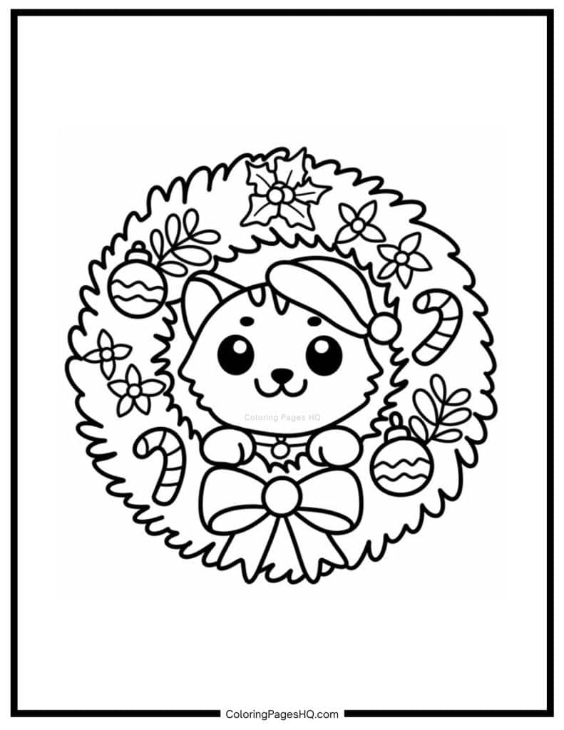 Cute kitten peeking through a Christmas wreath coloring page