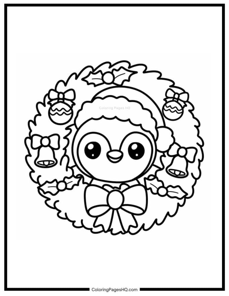 Cute penguin peeking through a Christmas wreath coloring page