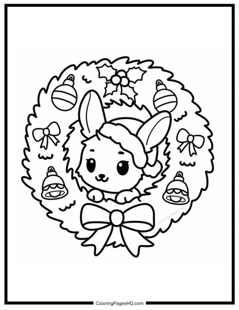 Cute rabbit peeking through a Christmas wreath coloring page