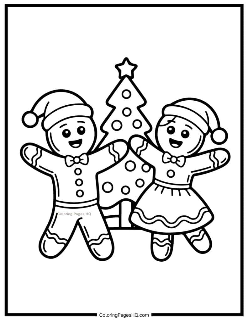 Dancing gingerbread man and woman coloring page