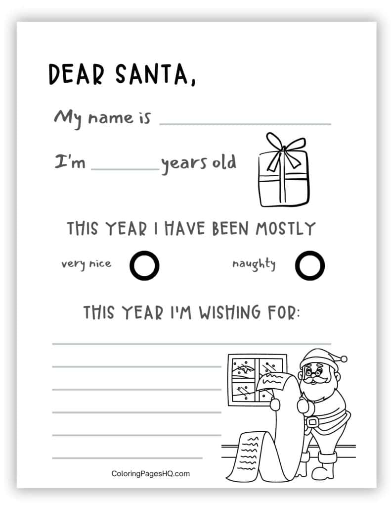 Dear Santa Letter Coloring Page with Holly