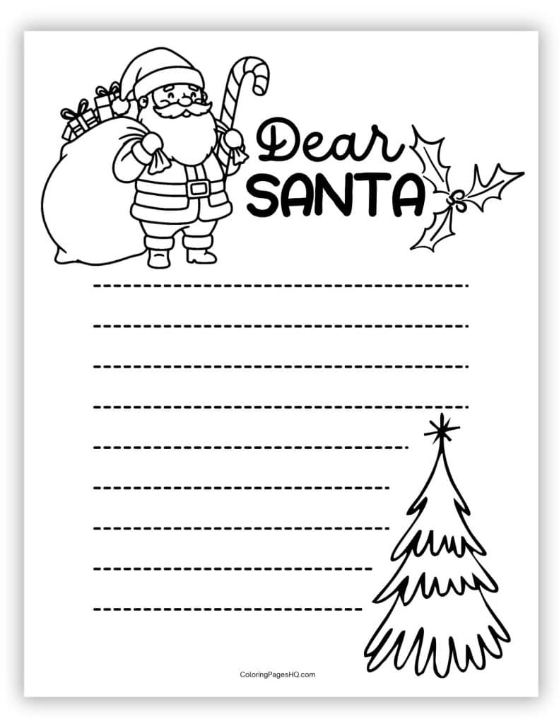 Dear Santa coloring page with skiing santa 