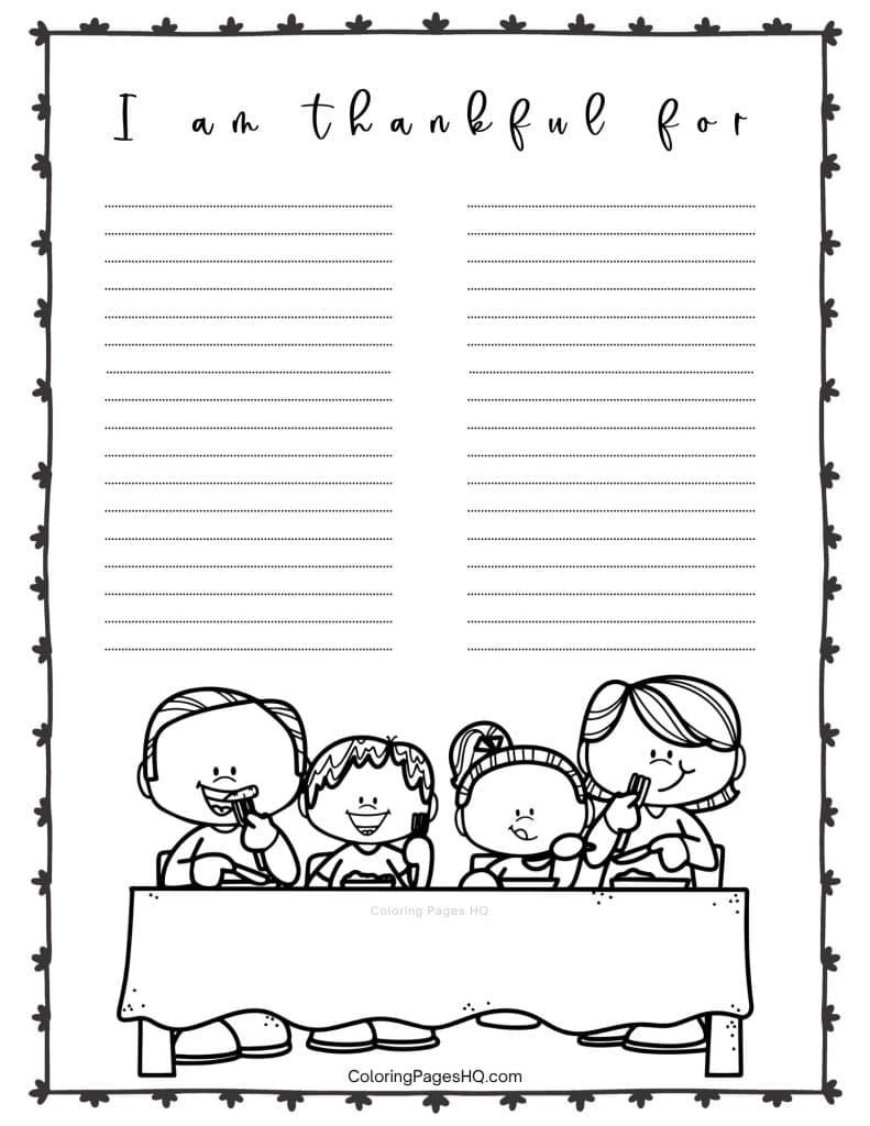 Family eating I am thankful for coloring page
