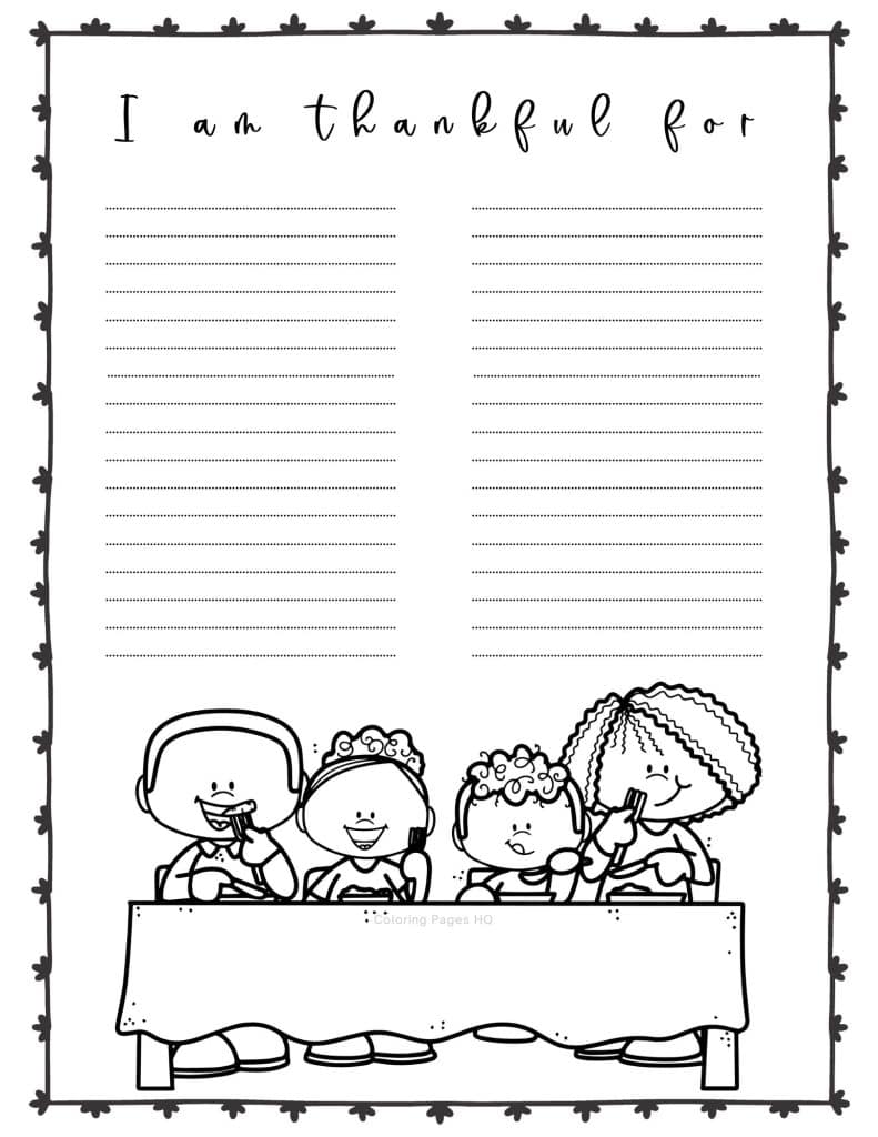 Family eating at a table I am thankful for coloring page