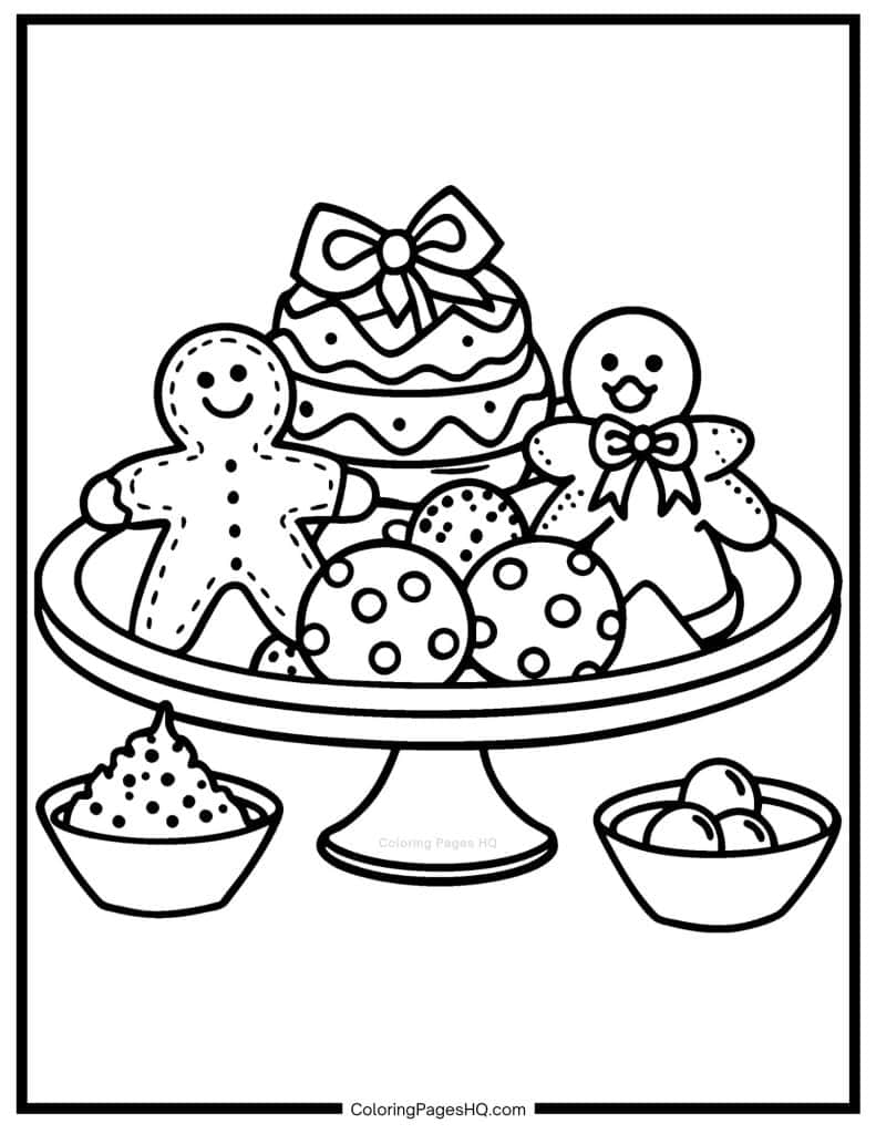 Fancy plate of Christmas cookies sheet to color