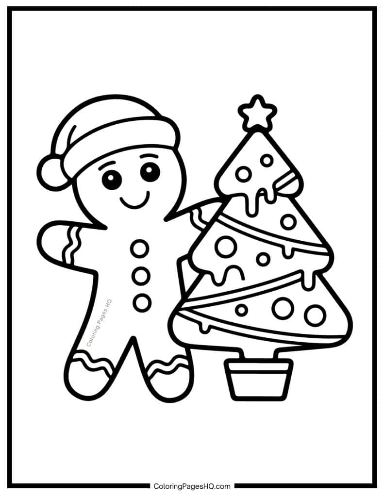 Gingerbread man and a Christmas tree coloring page