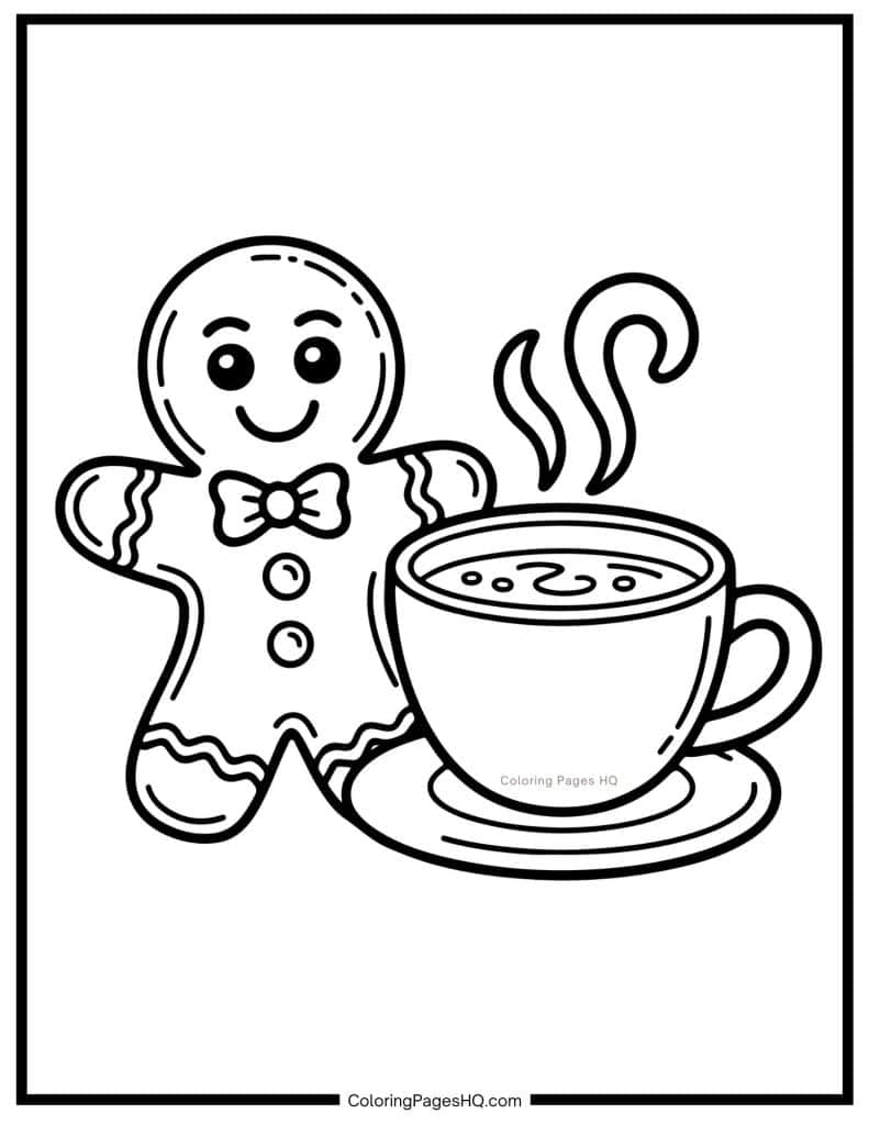 Gingerbread man and a cup of steaming coffee coloring page