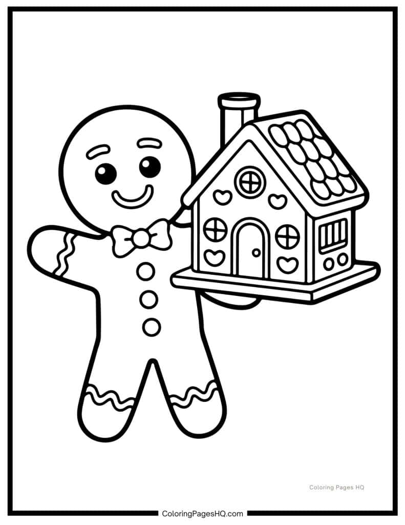 Gingerbread man and a gingerbread house coloring page
