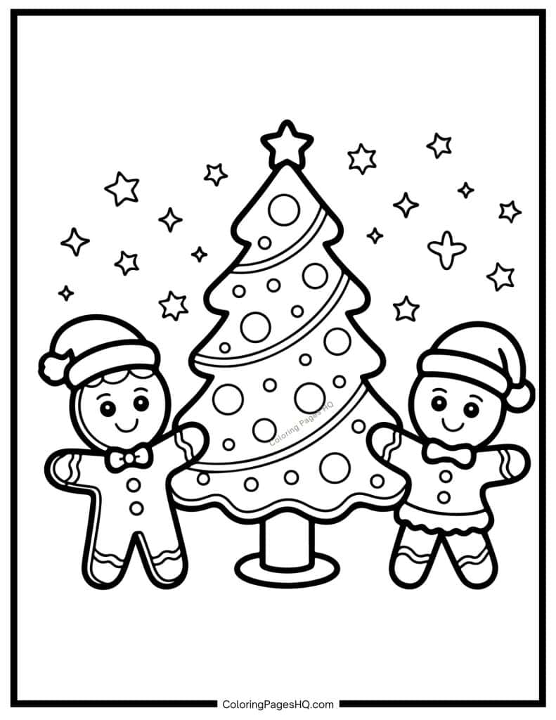 Gingerbread man and woman standing beside a Christmas tree coloring page
