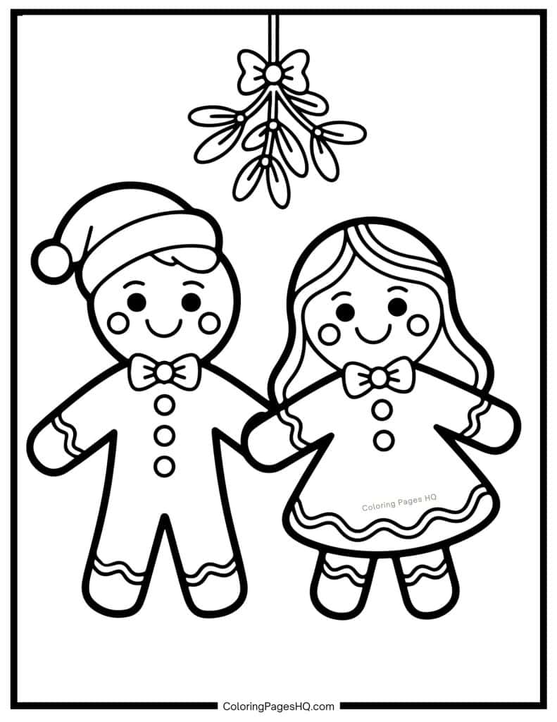 Gingerbread man and woman under mistletoe coloring page