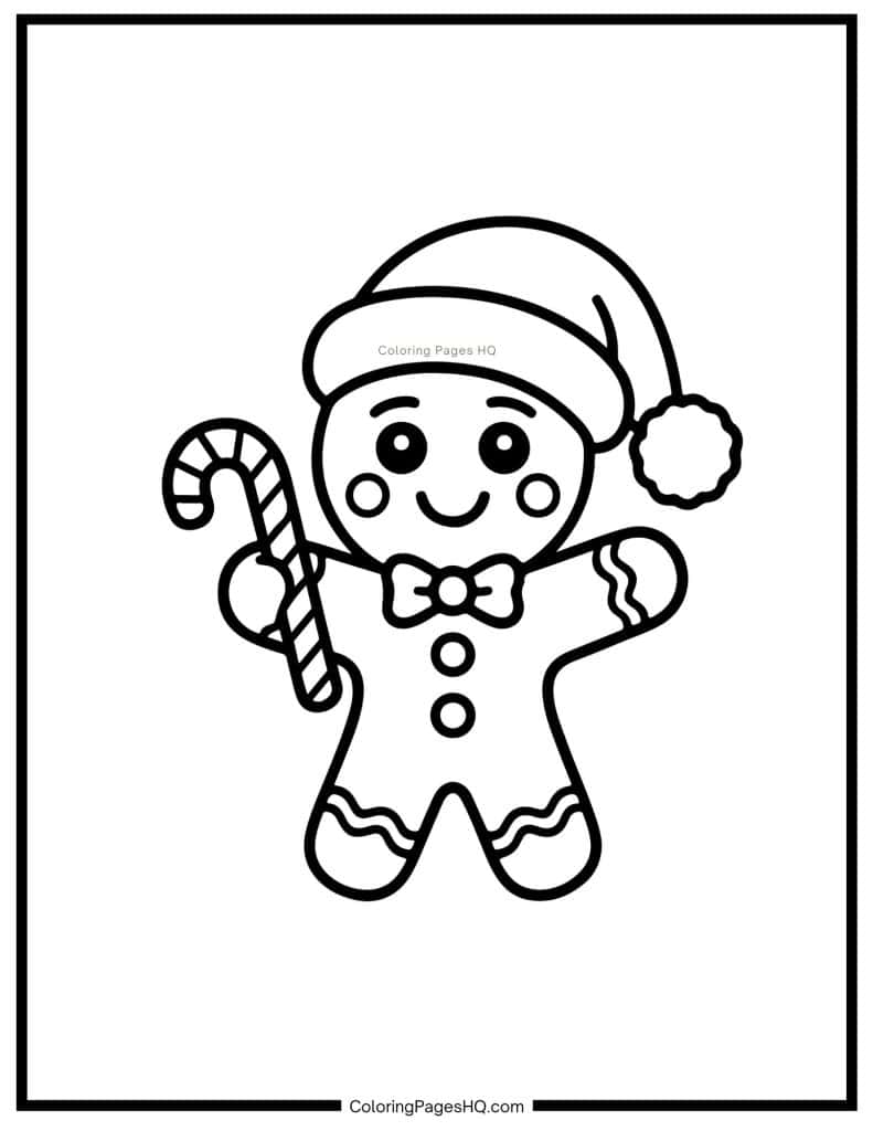 Gingerbread man holding a candy cane coloring page