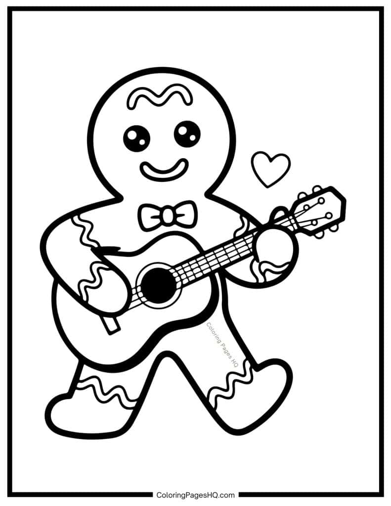Gingerbread man playing a guitar coloring page