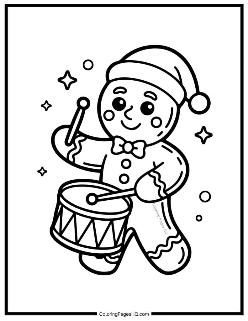 Gingerbread man playing the drums coloring page