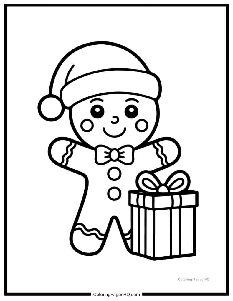 Gingerbread man standing beside a Christmas gift coloring page