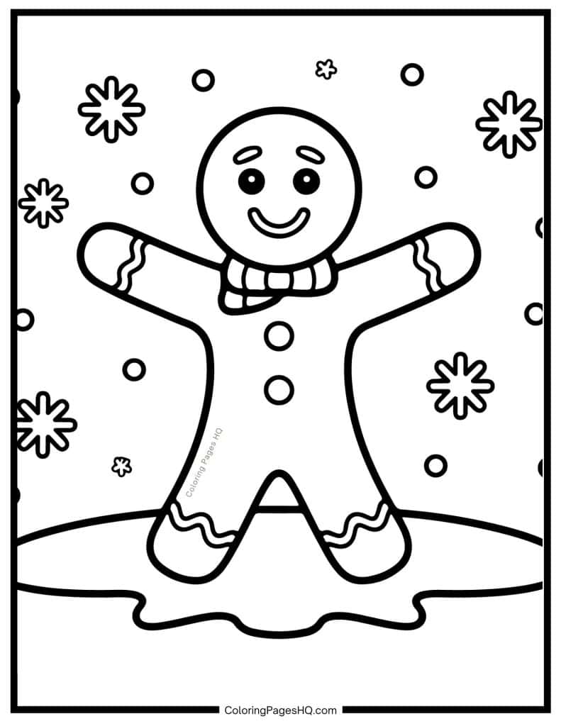 Gingerbread man standing in the snow coloring sheet