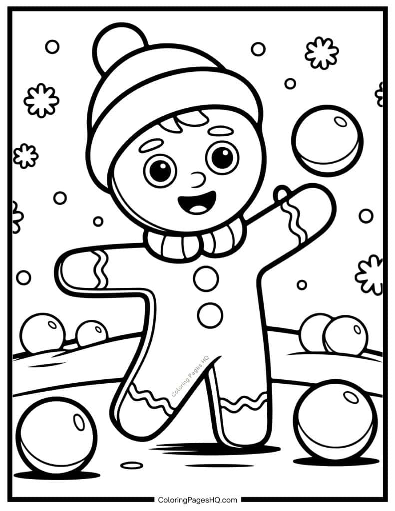 Gingerbread man throwing a snowball coloring page