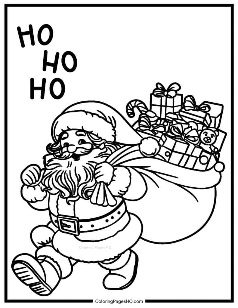 Happy Santa Claus delivering gifts coloring sheet