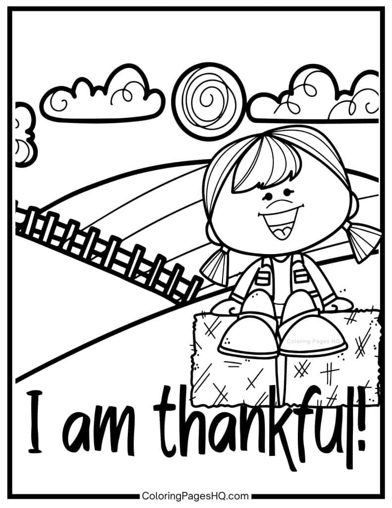 Happy girl sittig on a haybale I am thankful coloring page