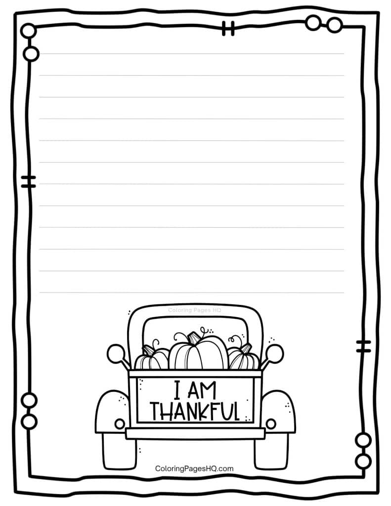 I am thankful for coloring page pumpkins in back of vintage pickup