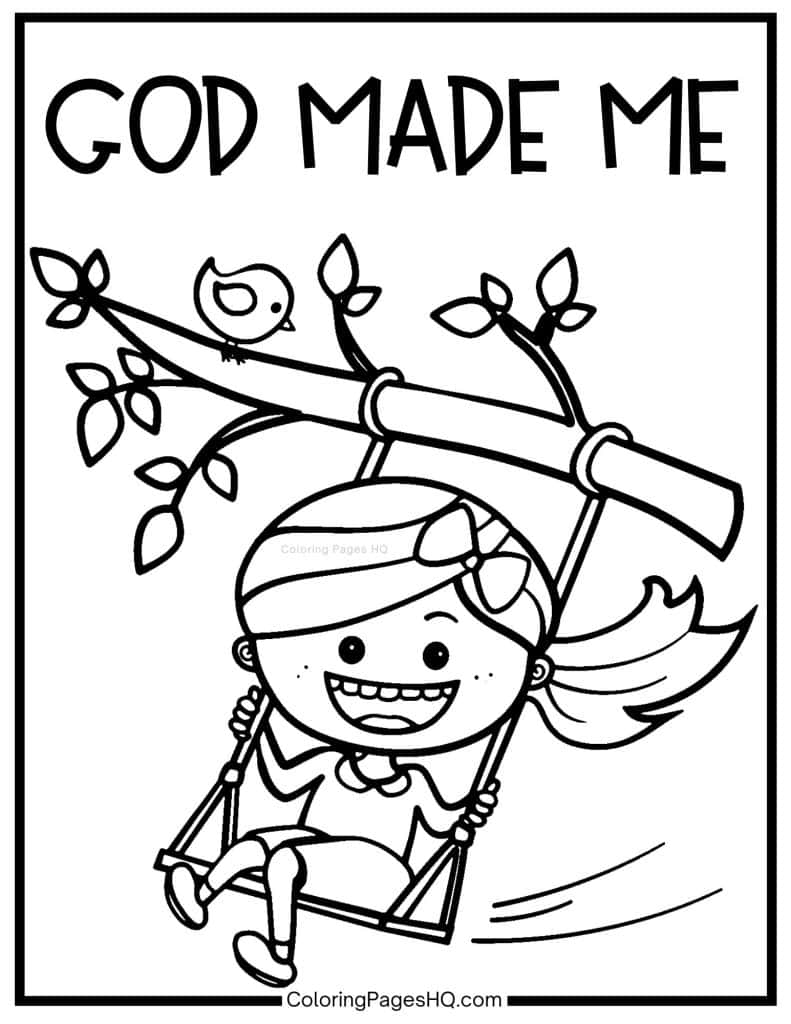 Laughing girl swinging God Made Me sheet to color