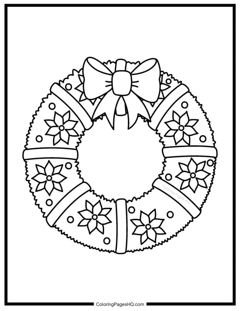 Poinsettias on a Christmas wreath coloring sheet