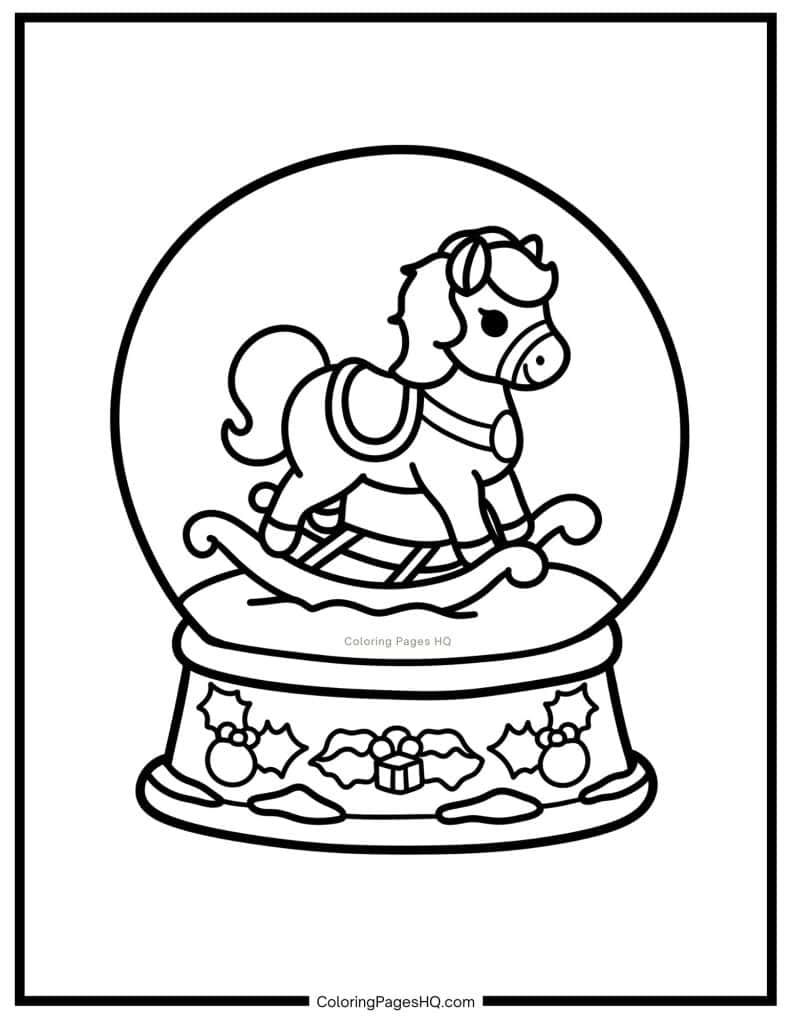 Rocking horse Christmas snow globe page to color