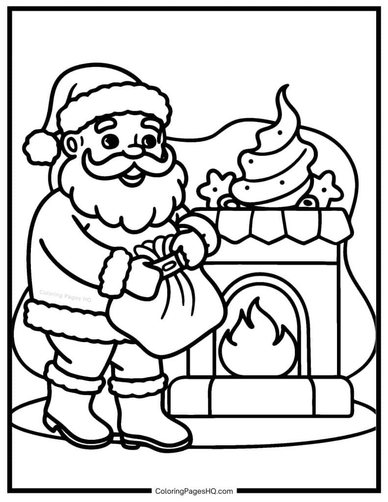 Santa Claus leaving gifts by a fireplace coloring sheet