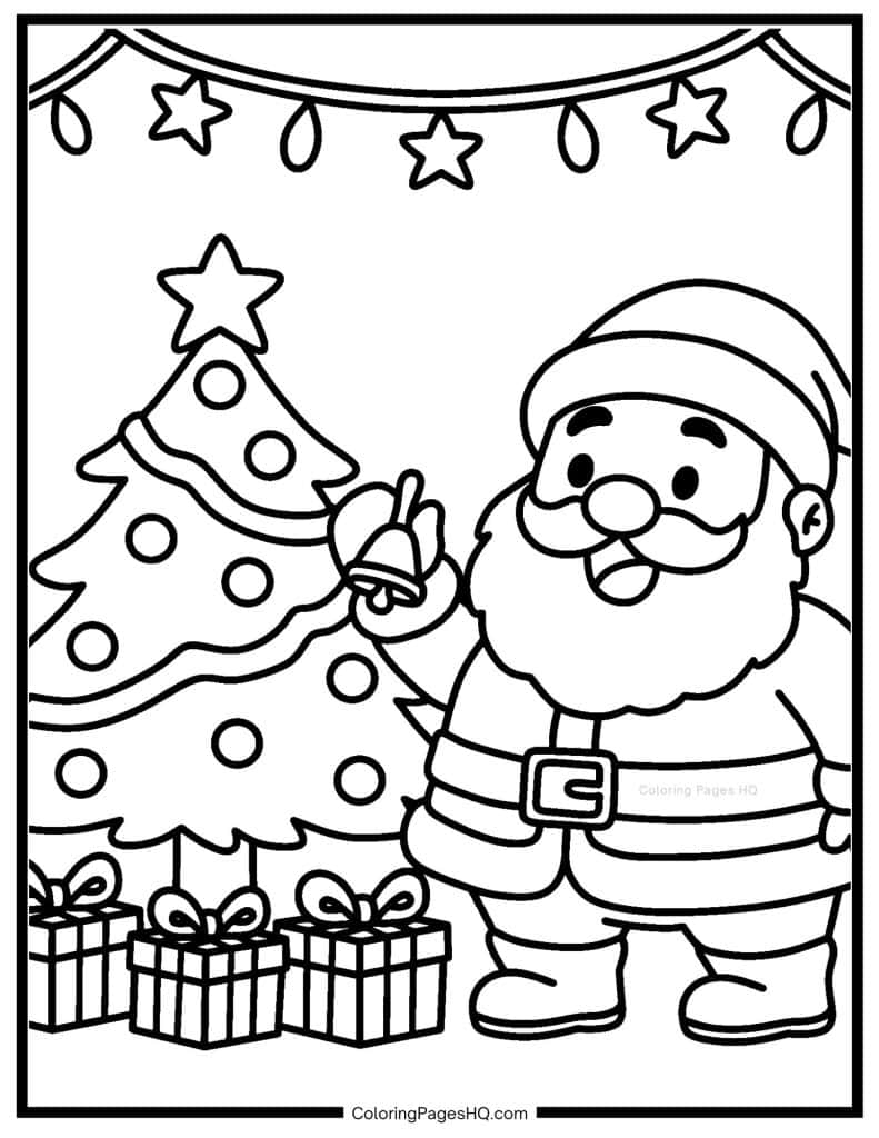 Santa Claus ringing a Christmas bell coloring page