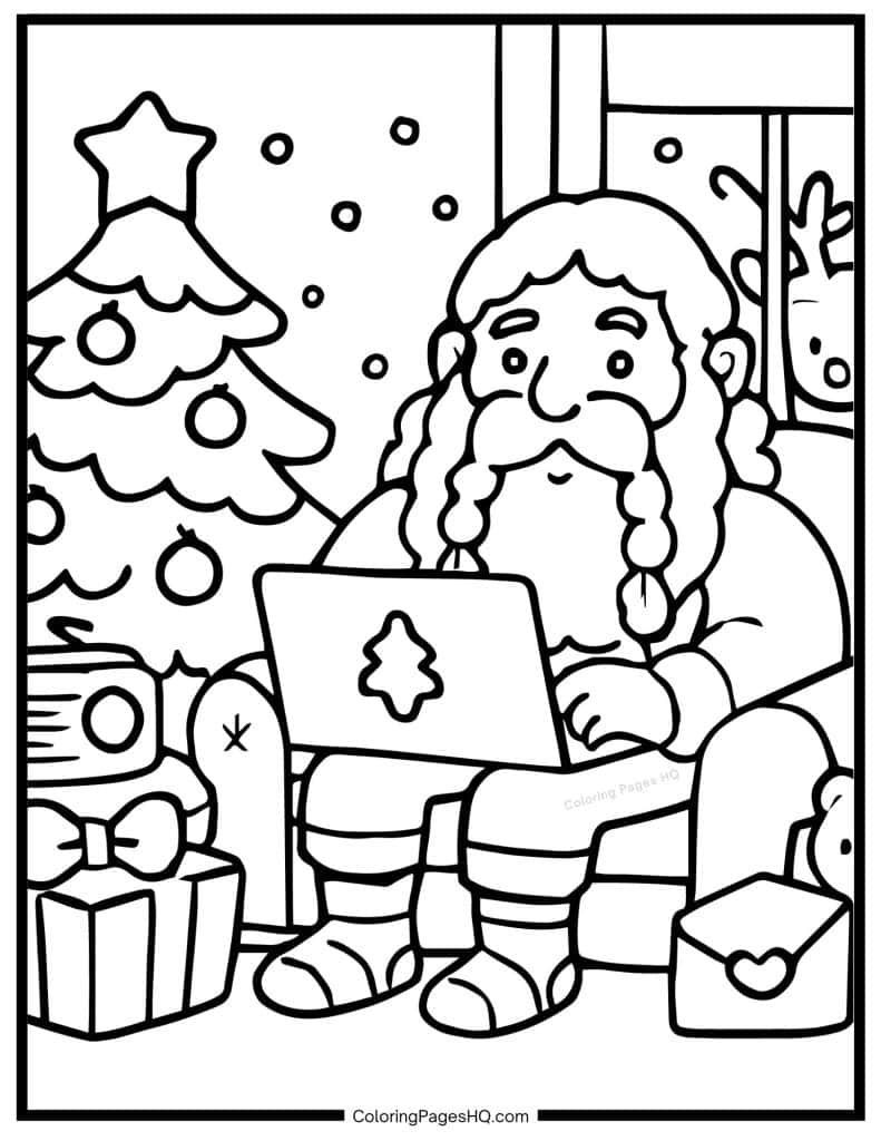 Santa Claus typing on a computer coloring page