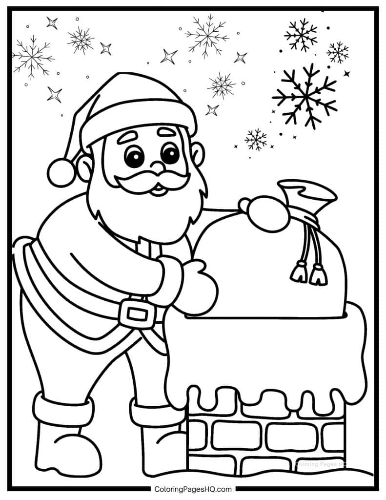 Santa going down a chimney coloring page