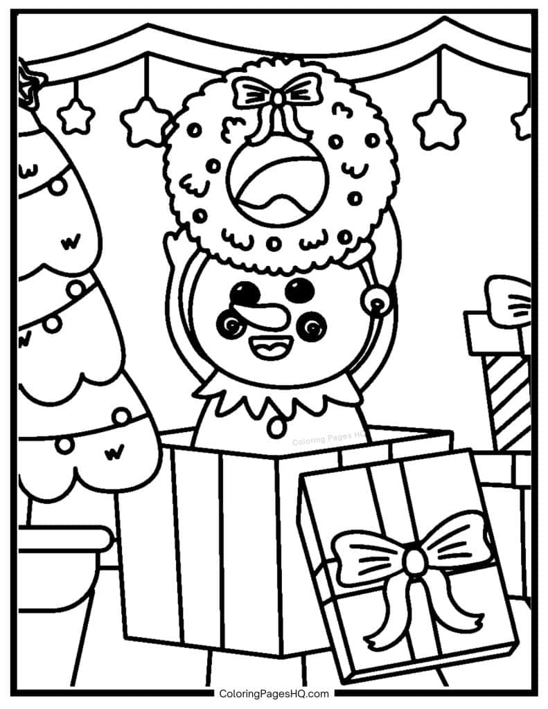 Silly snowman holding a Christmas wreath coloring page